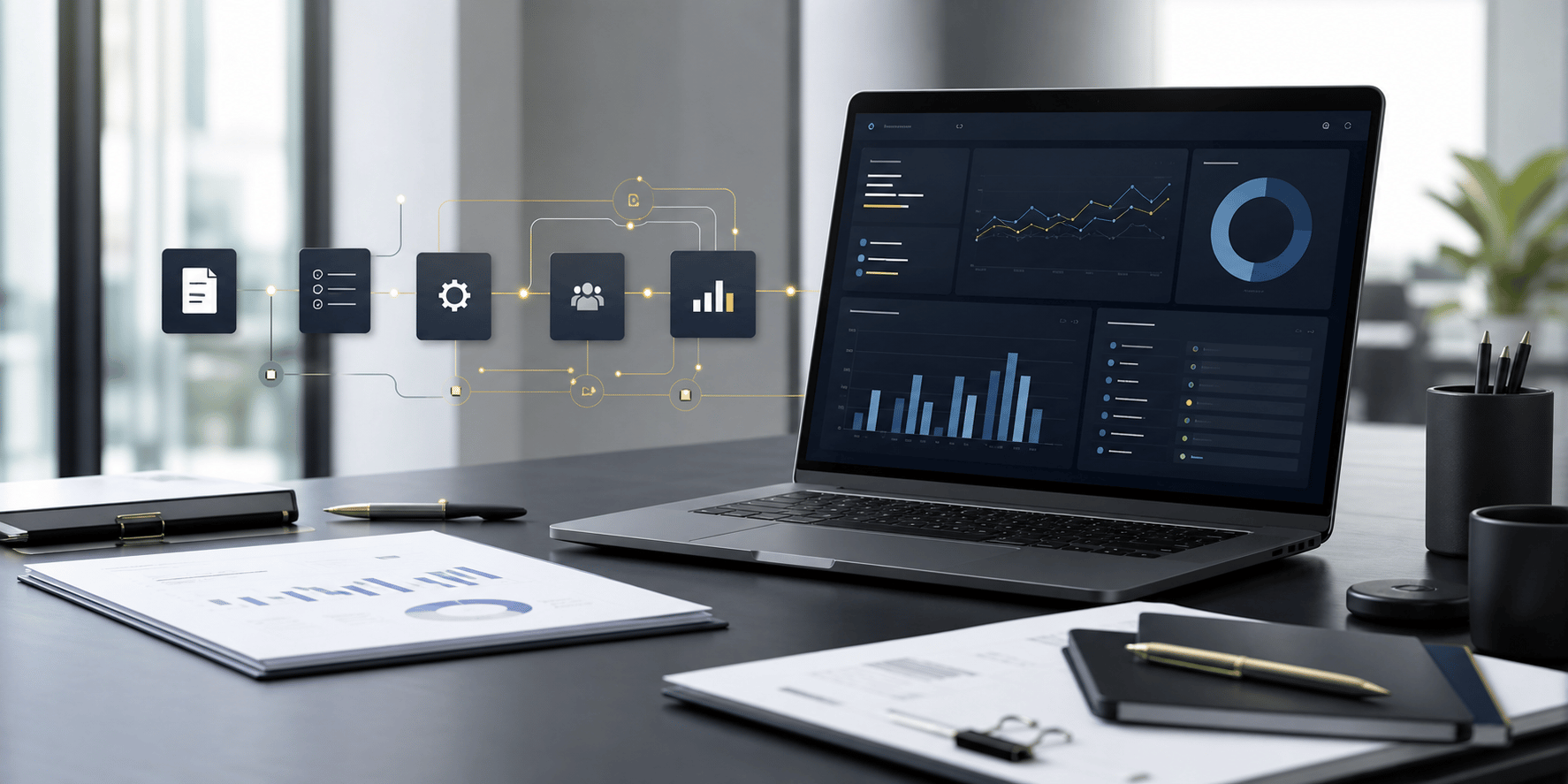A modern business operations workspace with dashboards and workflow tools